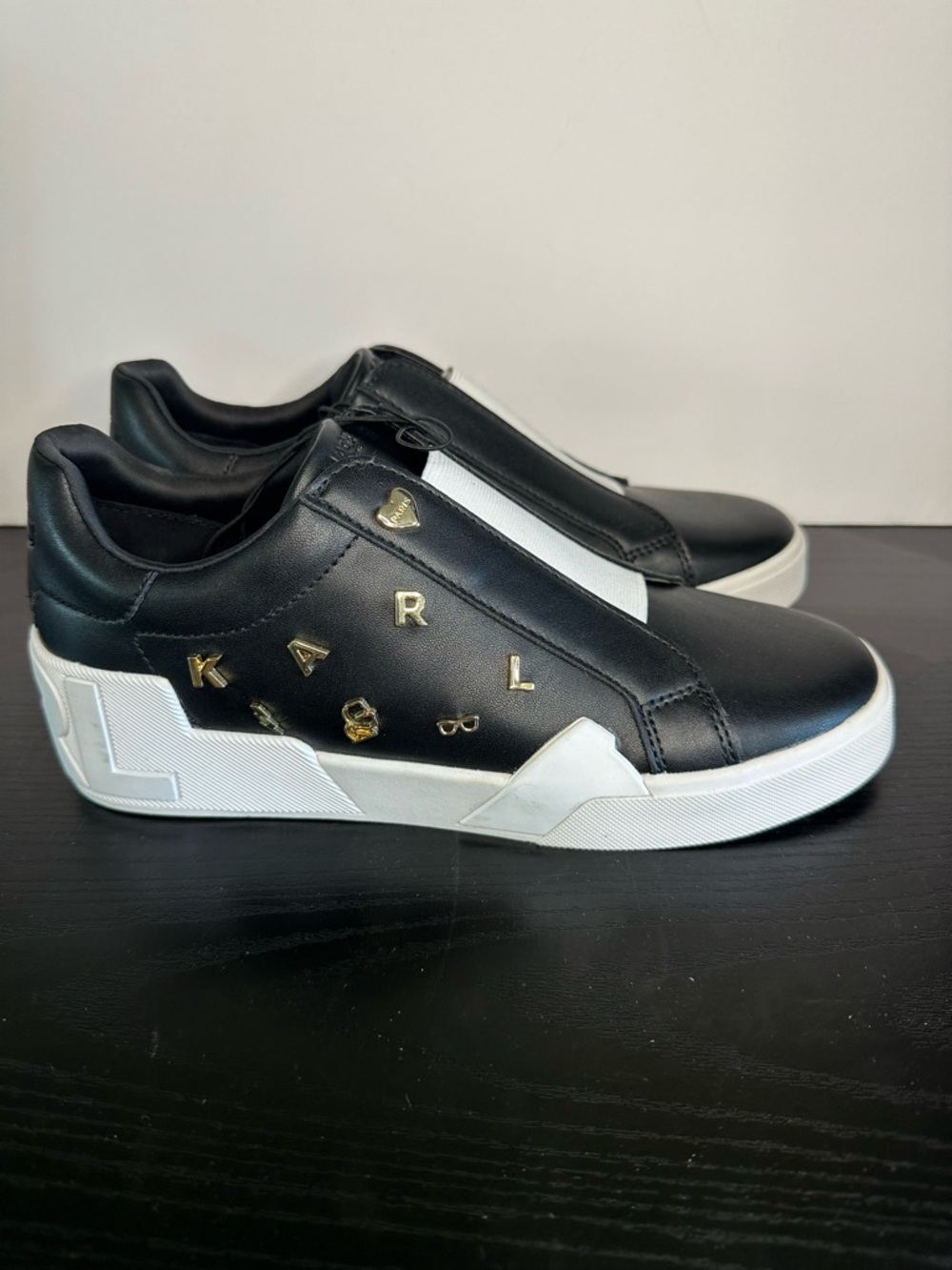 Karl Lagerfeld Mavise Black Leather Slip-On Sneakers with Gold Accents